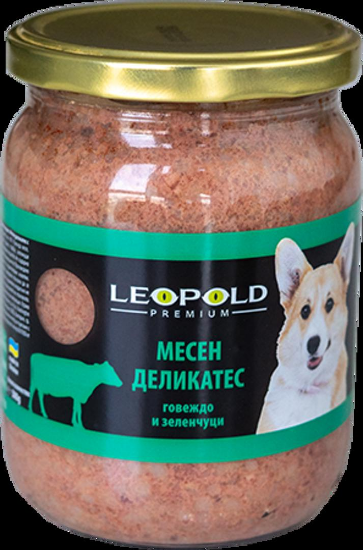 Leopold Dog - Пълноценна консервирана месна храна за кучета в зряла възраст, месен деликатес с говеждо и зеленчуци, 6 х 500гр